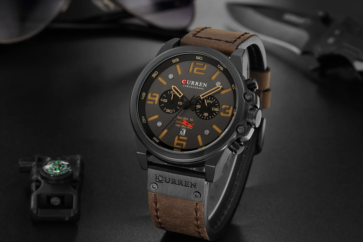 Men's Military Sports Watch - Chronograph Waterproof with Genuine Leather Strap