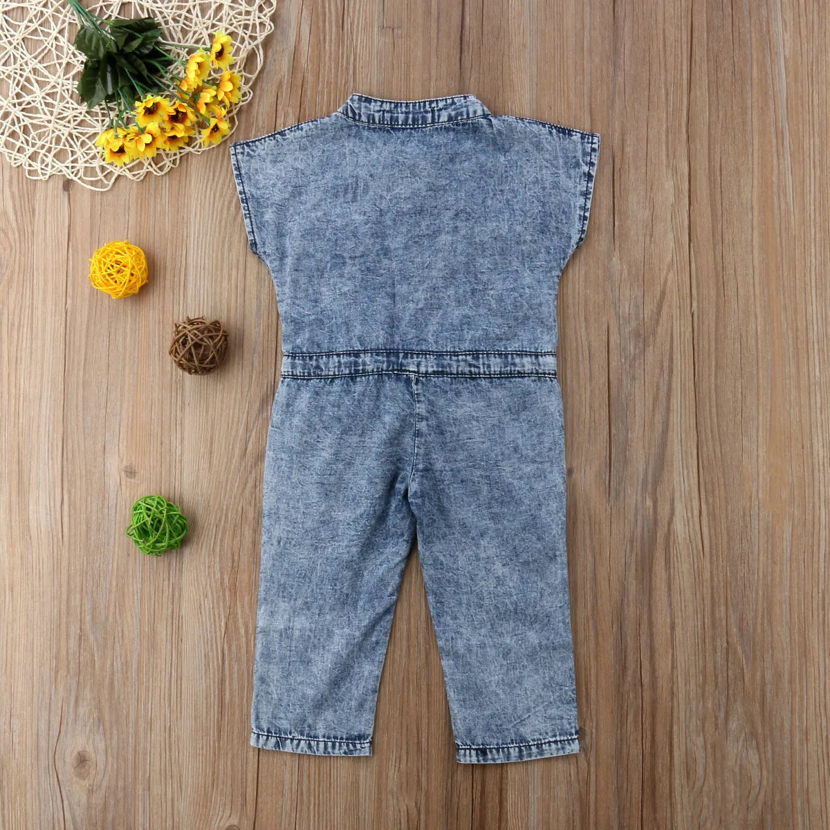 Summer Toddler Baby Girls Fashion Casual Jumpsuits Denim Blue Short Sleeve Single Breasted Elastic Waist Belt Romper 1-6Y