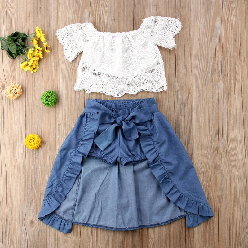 3PCS Princess Toddler Girls Sets -  Off Shoulder Lace Floral White T-Shirts Tops Blue Denim Shorts Ankle-Length Dress