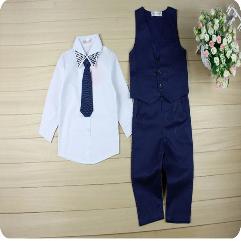 Toddler Kids Boys Long Sleeve White Shirts Blue Jacket Tops Waistcoat Trousers Tie Formal Suit Outfits 4Pcs Set