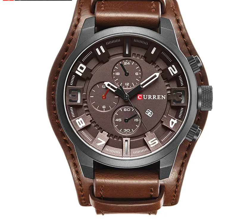 Men's Leather Strap Quartz Watch - Casual Sports Wristwatch with Date Display