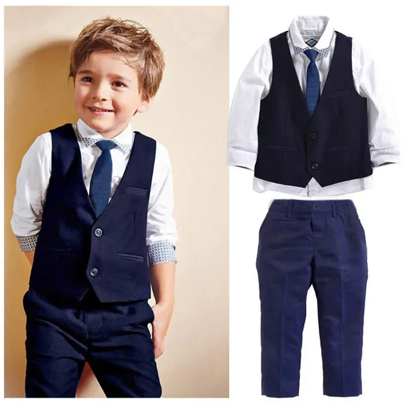 Toddler Kids Boys Long Sleeve White Shirts Blue Jacket Tops Waistcoat Trousers Tie Formal Suit Outfits 4Pcs Set