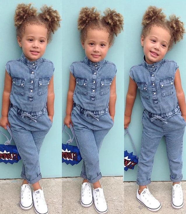 Summer Toddler Baby Girls Fashion Casual Jumpsuits Denim Blue Short Sleeve Single Breasted Elastic Waist Belt Romper 1-6Y