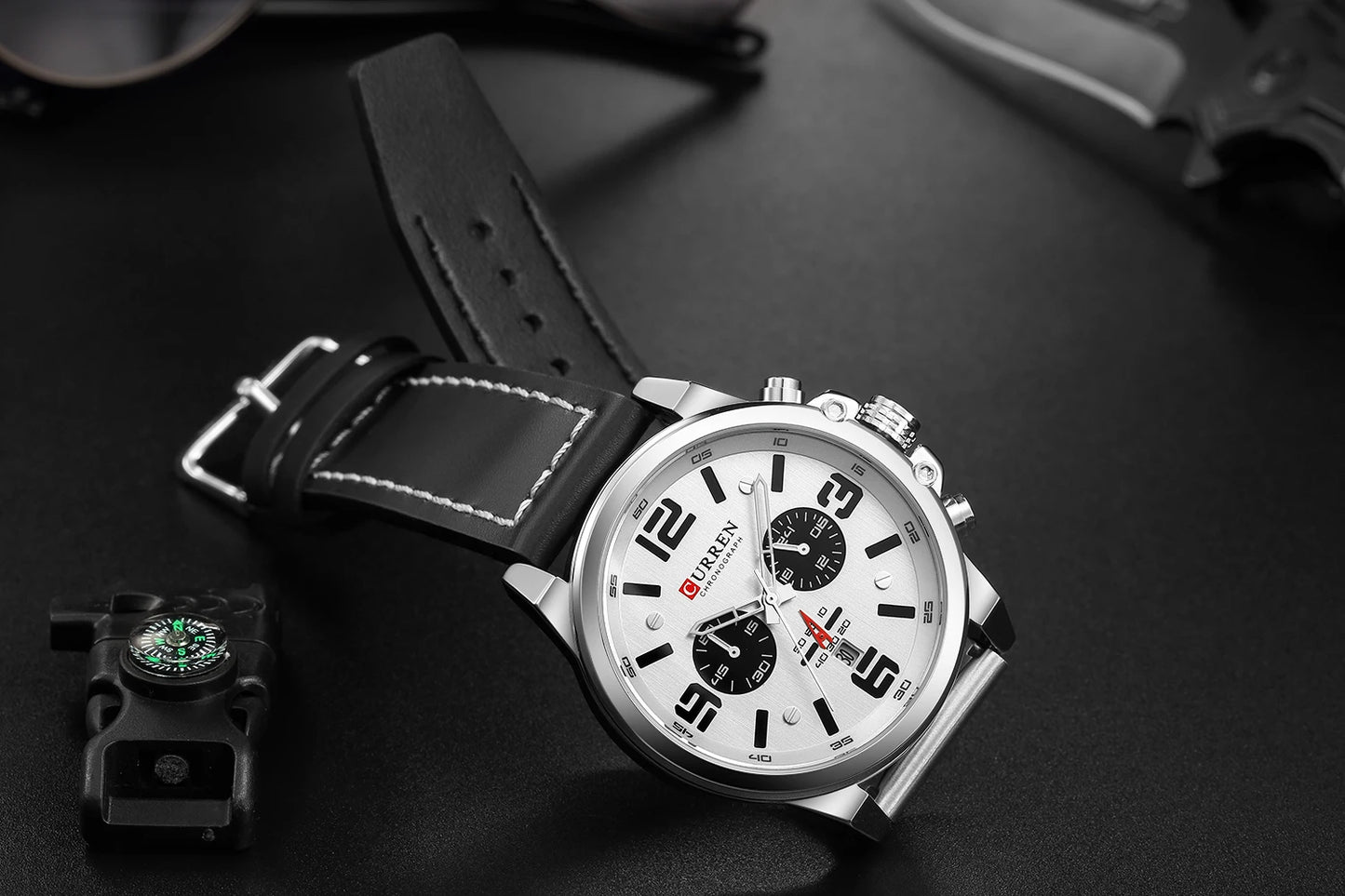 Men's Military Sports Watch - Chronograph Waterproof with Genuine Leather Strap