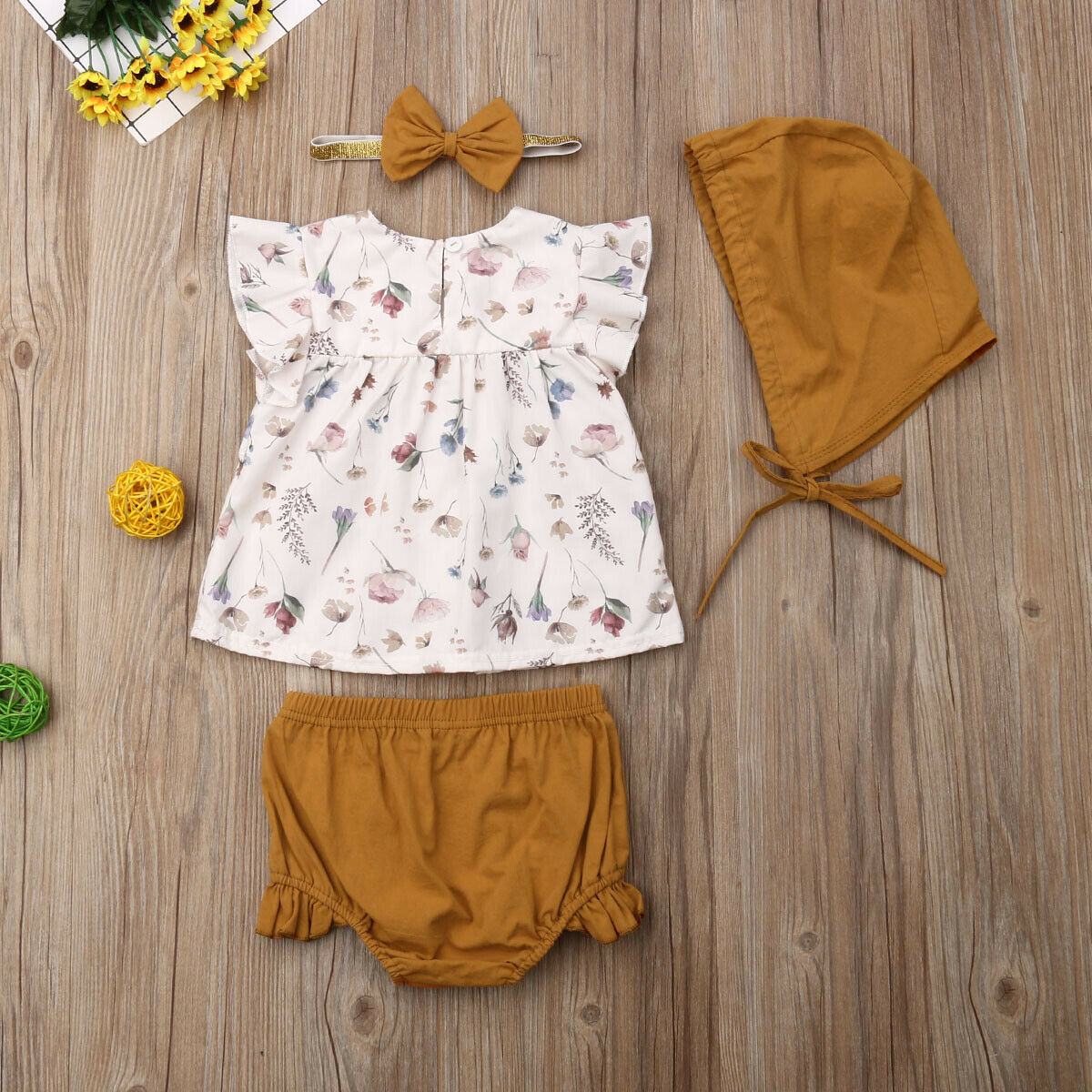 Baby's 4PCS Floral Top, Pants and Hat Outfit Set