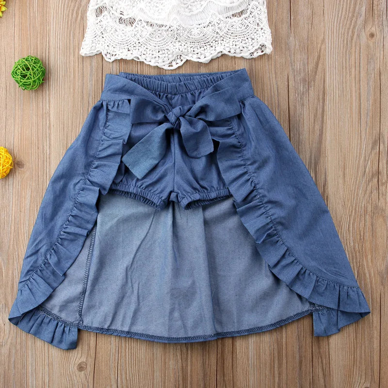 3PCS Princess Toddler Girls Sets -  Off Shoulder Lace Floral White T-Shirts Tops Blue Denim Shorts Ankle-Length Dress