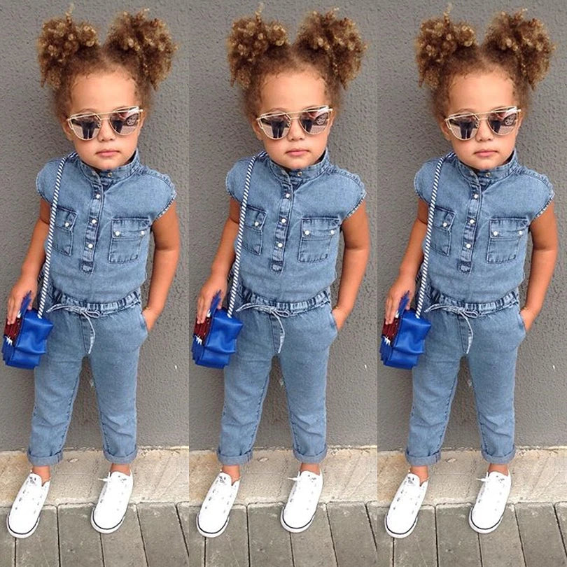 Summer Toddler Baby Girls Fashion Casual Jumpsuits Denim Blue Short Sleeve Single Breasted Elastic Waist Belt Romper 1-6Y