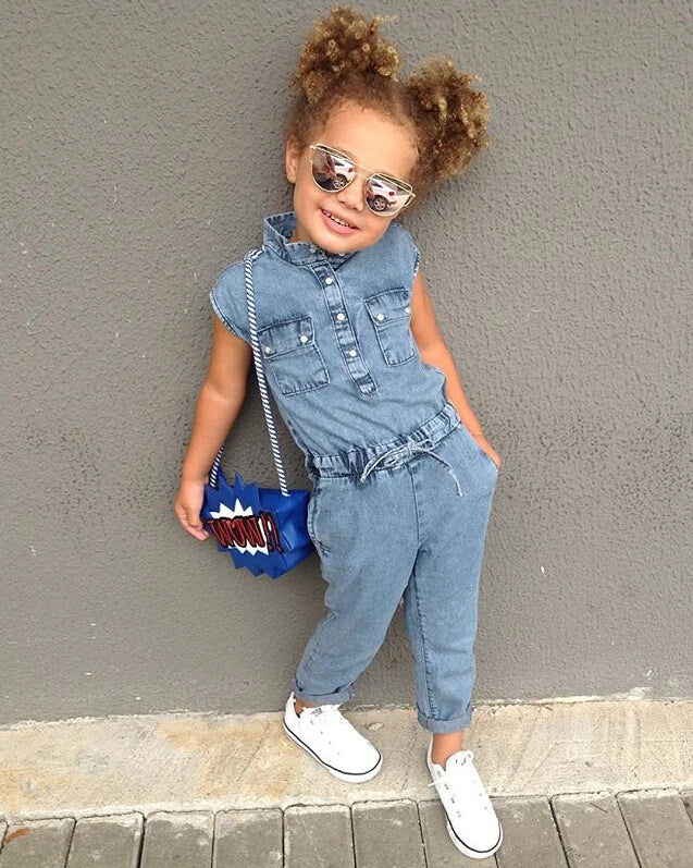 Summer Toddler Baby Girls Fashion Casual Jumpsuits Denim Blue Short Sleeve Single Breasted Elastic Waist Belt Romper 1-6Y