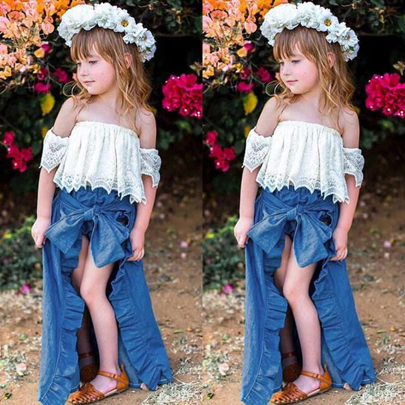 3PCS Princess Toddler Girls Sets -  Off Shoulder Lace Floral White T-Shirts Tops Blue Denim Shorts Ankle-Length Dress