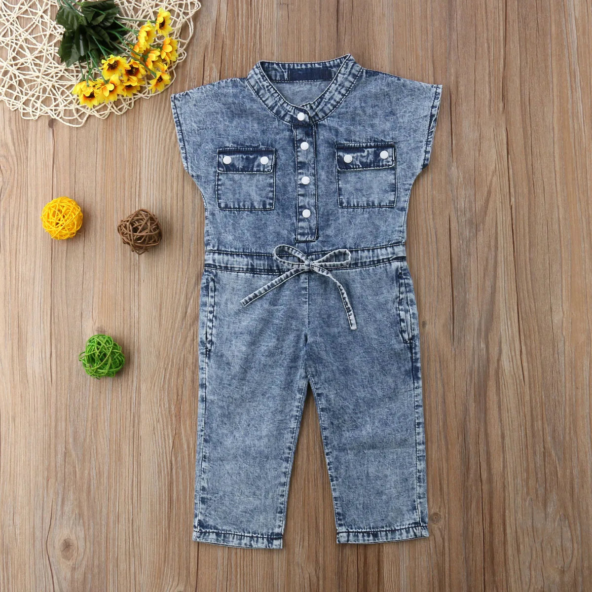 Summer Toddler Baby Girls Fashion Casual Jumpsuits Denim Blue Short Sleeve Single Breasted Elastic Waist Belt Romper 1-6Y