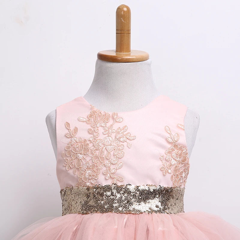 Toddler Baby Girls Sleeveless O-Neck Sequined Floral Solid Lace Tutu Dress 0-10Y