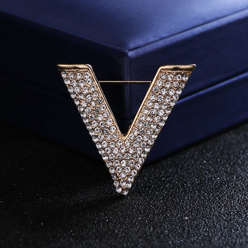 Women's Minimalist Crystal New Letter V Brooch Pin - Rhinestone Triangle Brooches and Pins