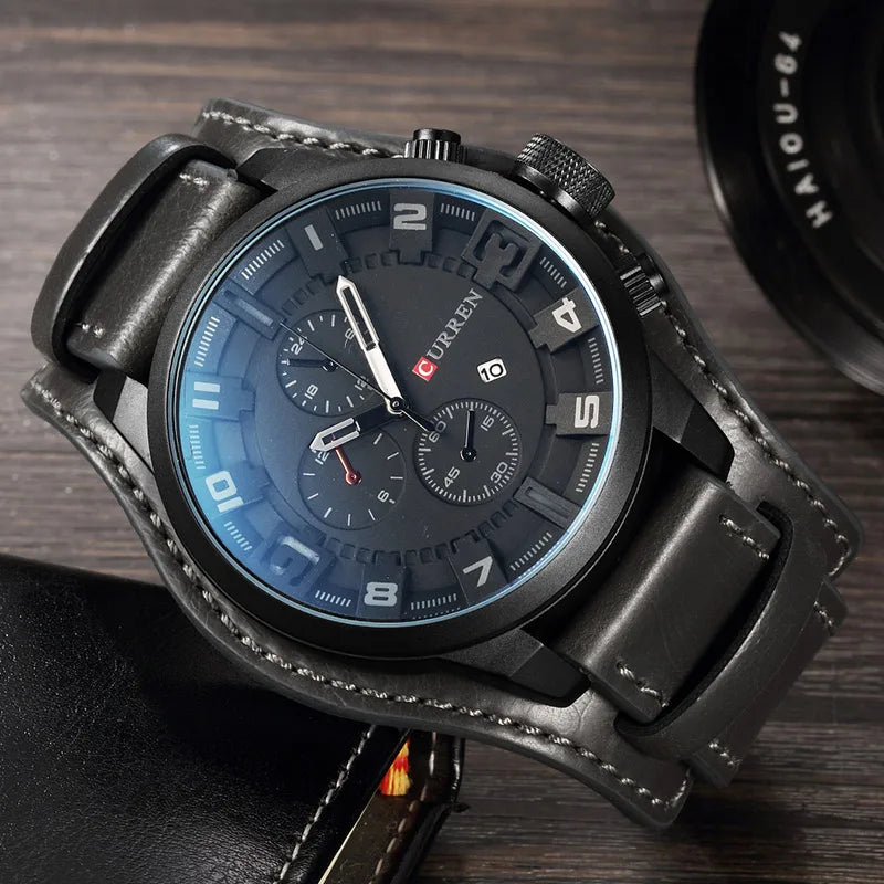 Men's Leather Strap Quartz Watch - Casual Sports Wristwatch with Date Display