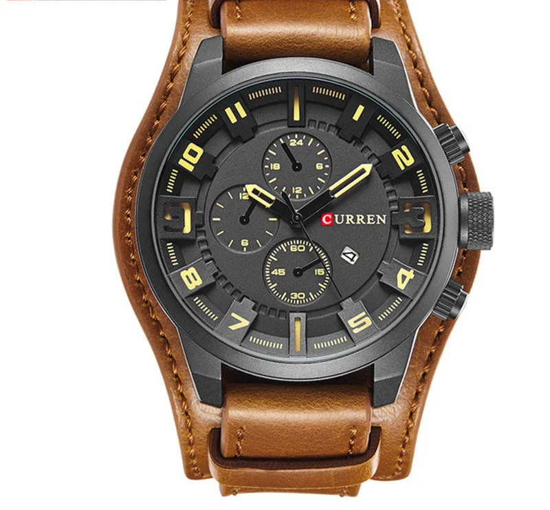 Men's Leather Strap Quartz Watch - Casual Sports Wristwatch with Date Display