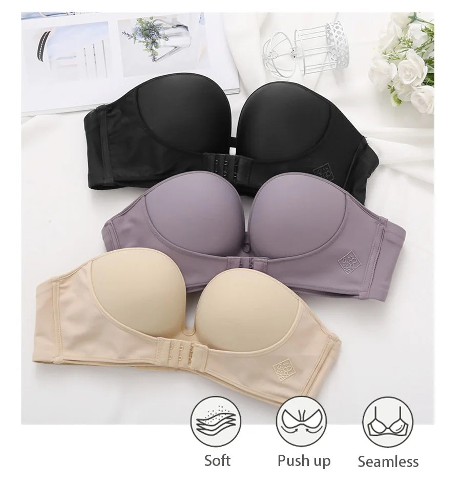 Women's Strapless Bra Women Super Push Up Bra Lingerie - Invisible Brassiere Front Closure Bra