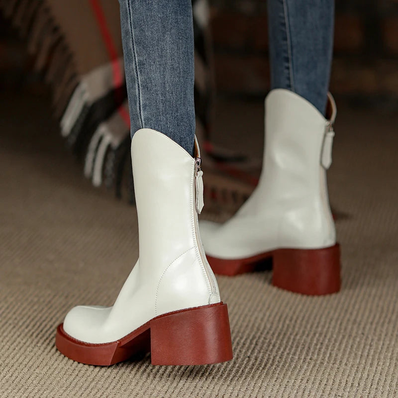 Women's Genuine Leather Chunky Heels Ankle Boots