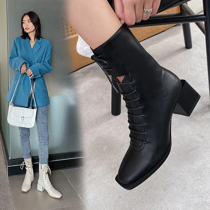 Women's Leather High Heel Ankle Boots