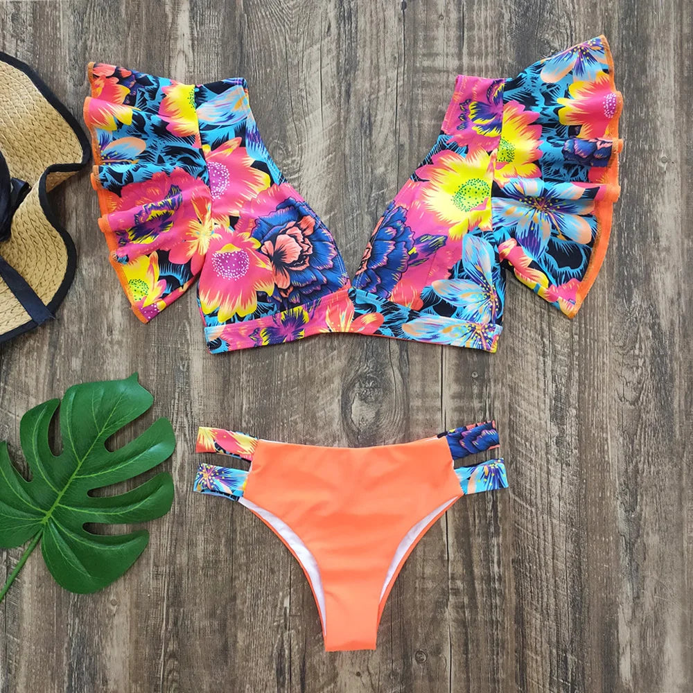 Women's Bikini Ruffle Floral Push Up Swimsuit Set