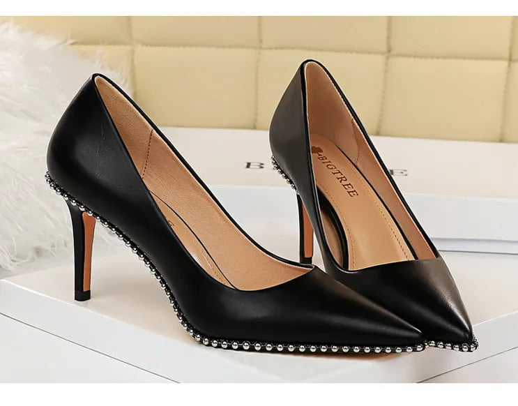 Women's Rivets String Bead PU Leather High Heels Shoes