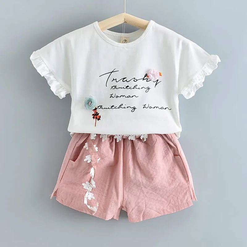 Children's Chiffon Flowers Blue T-shirt Pants Girls Clothing Sets Kids Summer Set for 3-7 Years