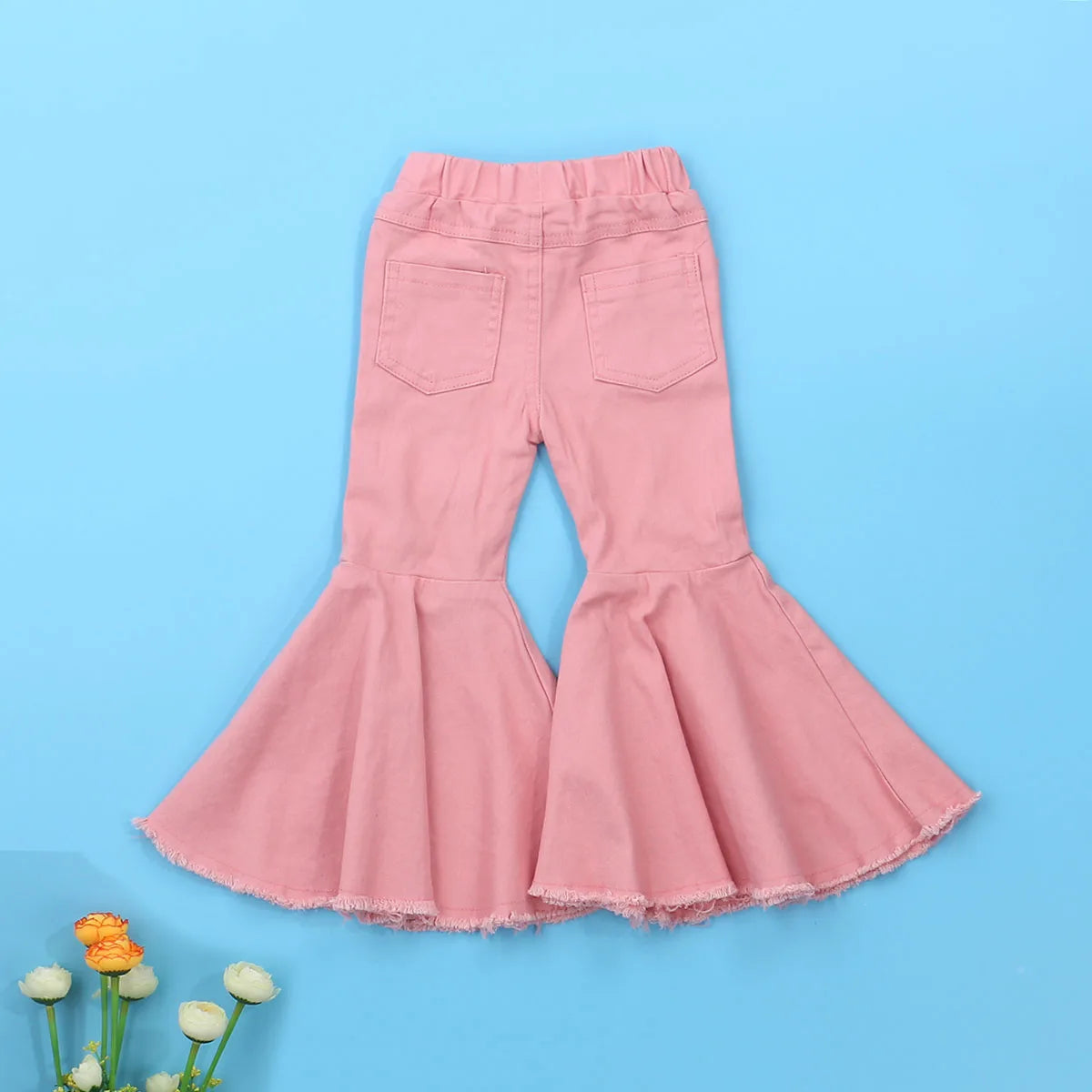 2-7Y Baby Girls Flare Trousers Hole Design Elastic Waist With Pocket - Child Spring and Summer Clothing