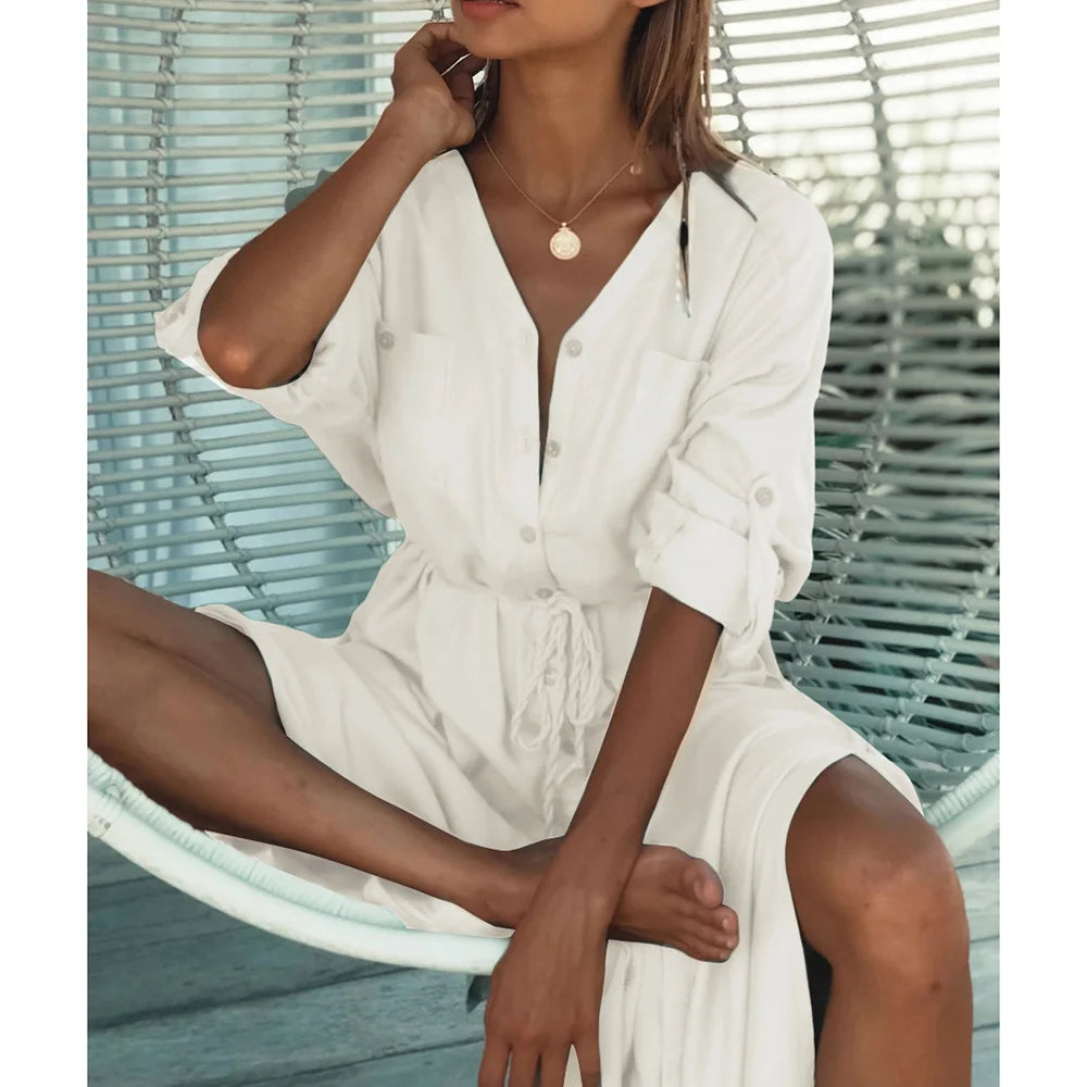 Bikini Cover-Ups Elegant Hollow Out Deep V-neck Summer Beach Dress Cotton Tunic Women's Beachwear Swimsuit Cover Up