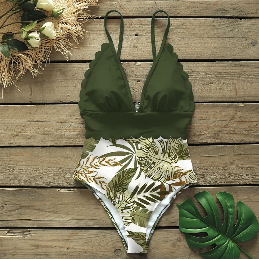 Women's One-piece Swimsuit  Deep V neck Back Cutout Ruffle Summer Swimwear