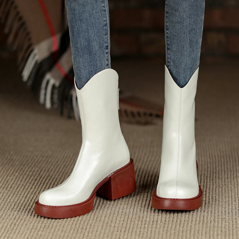 Women's Genuine Leather Chunky Heels Ankle Boots