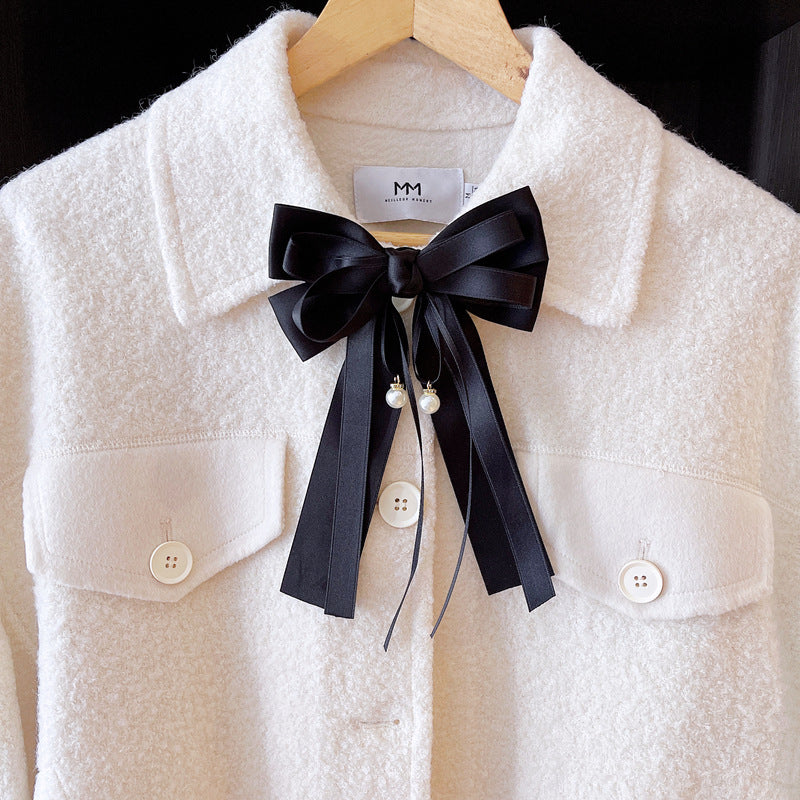 Fabric Bowknot Brooch - Pearl Ribbon Bow Tie Collar Pin for Women