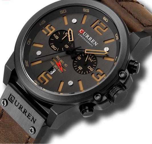 Men's Military Sports Watch - Chronograph Waterproof with Genuine Leather Strap