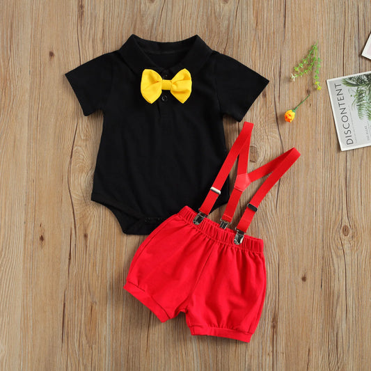 Newborn Baby Boys Gentleman Set - Short Sleeve Bow Tie , Romper Babygrow with Suspenders Shorts