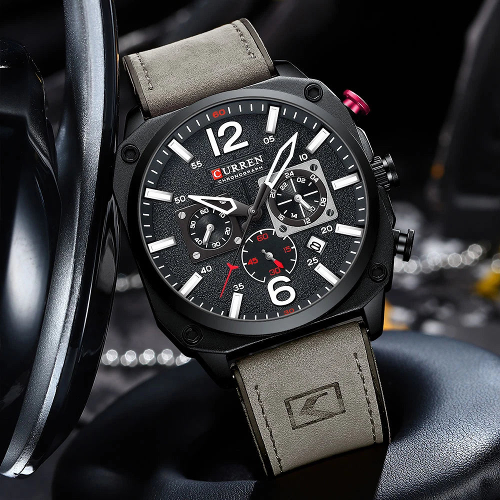Men's Military Sports Watch - Leather Strap Chronograph Quartz