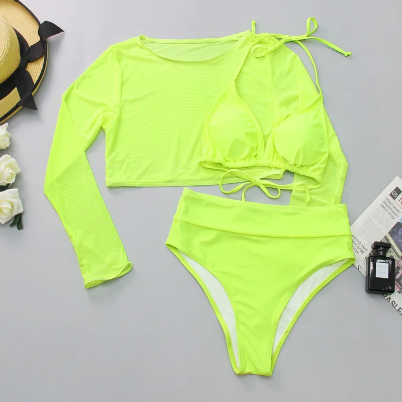 Neon Crop Top Mesh Long Sleeve Cover Ups Top Three Piece Swimsuit Bikini Set