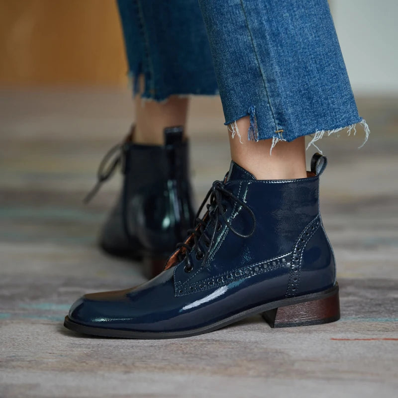 Women's Genuine Leather Round Toe Lace Up Ankle Boots