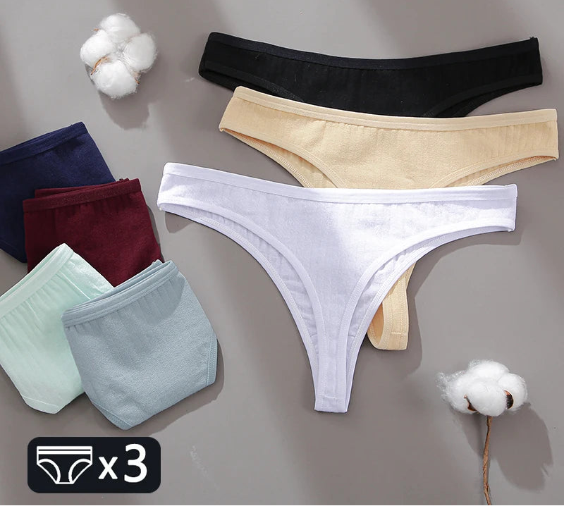 3PCS Cotton Thongs Women's Soft T-Back Underwear Set - Low Waist G-String Panties Lingerie