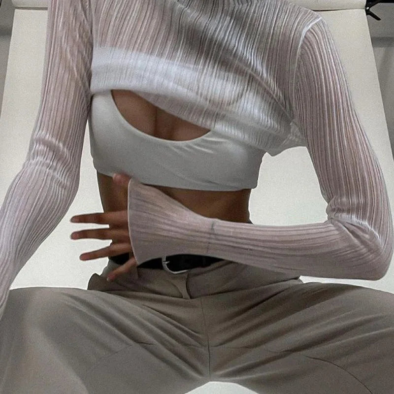 Women's Elegant See Through Long Sleeve Mock Neck Top