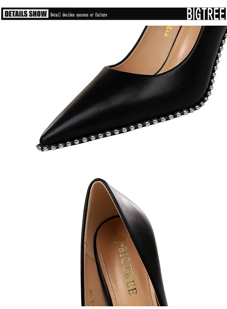 Women's Rivets String Bead PU Leather High Heels Shoes