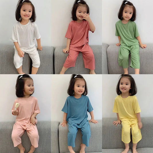 1-6 Years Solid Colour Baby Clothes Set -  Summer Newborn Baby Boys Girls 2PCS Baby Pyjamas Unisex Kids Sets