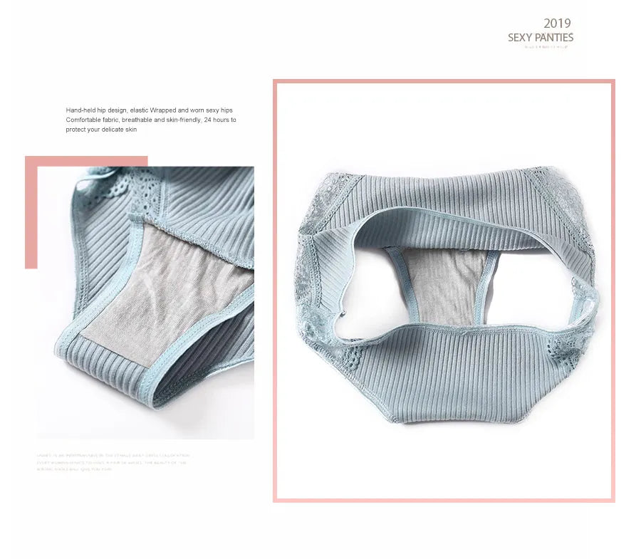 Women's Cotton Underwear 3-Piece Set - Low-Rise Lace Trim Briefs