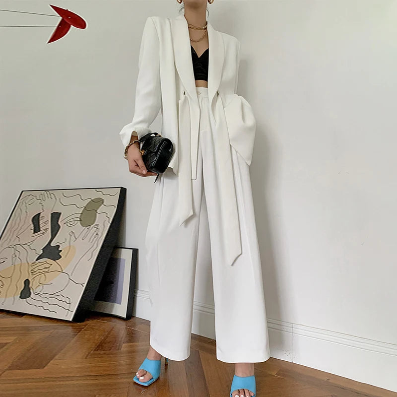 Women's Lapel Collar Long Sleeve Loose Belt Blazer Coat High Waist Adjustable Trousers Set