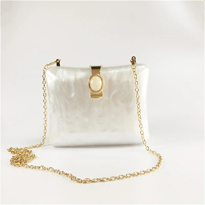 Women's Pearl Acrylic Chain Clutch Purse  Crossbody Bag