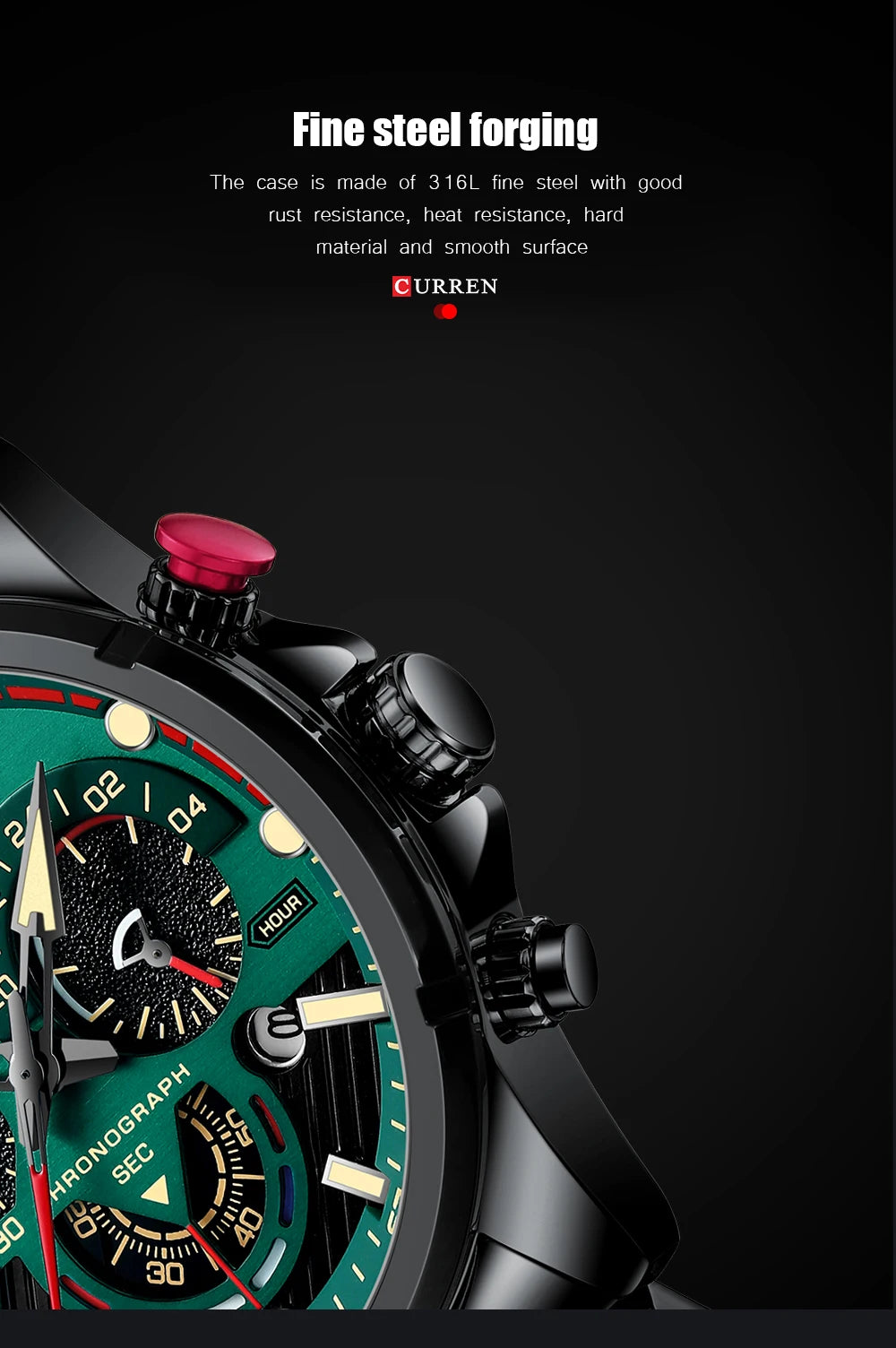 Premium Green Stainless Steel Quartz Watch - Waterproof Sport Chronograph