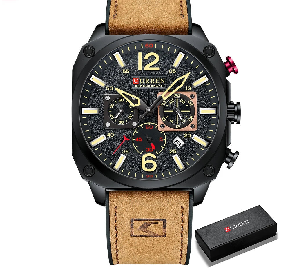 Men's Military Sports Watch - Leather Strap Chronograph Quartz