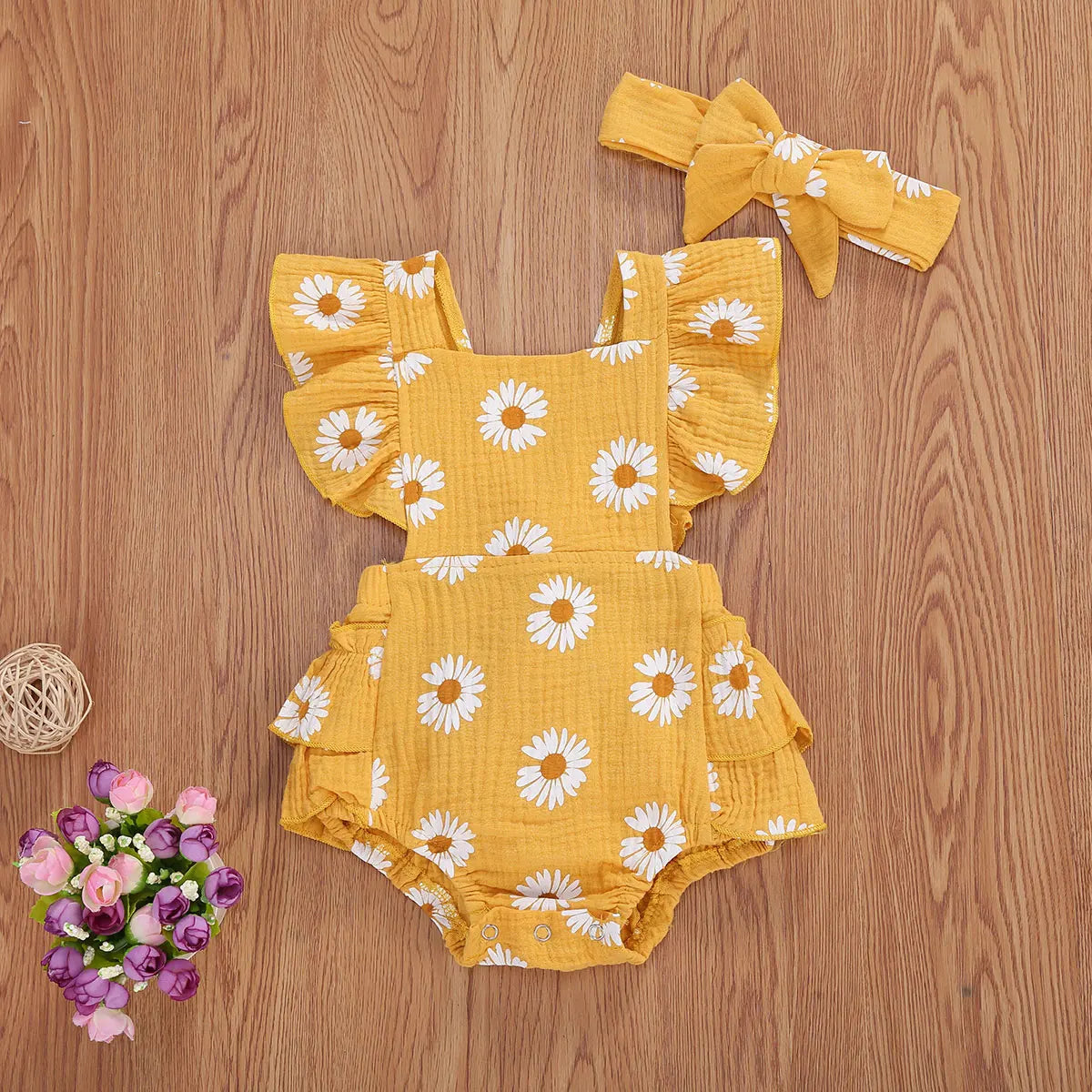 Newborn Baby Bodysuit with Headband - Floral Print Short Sleeve Backless Jumpsuit