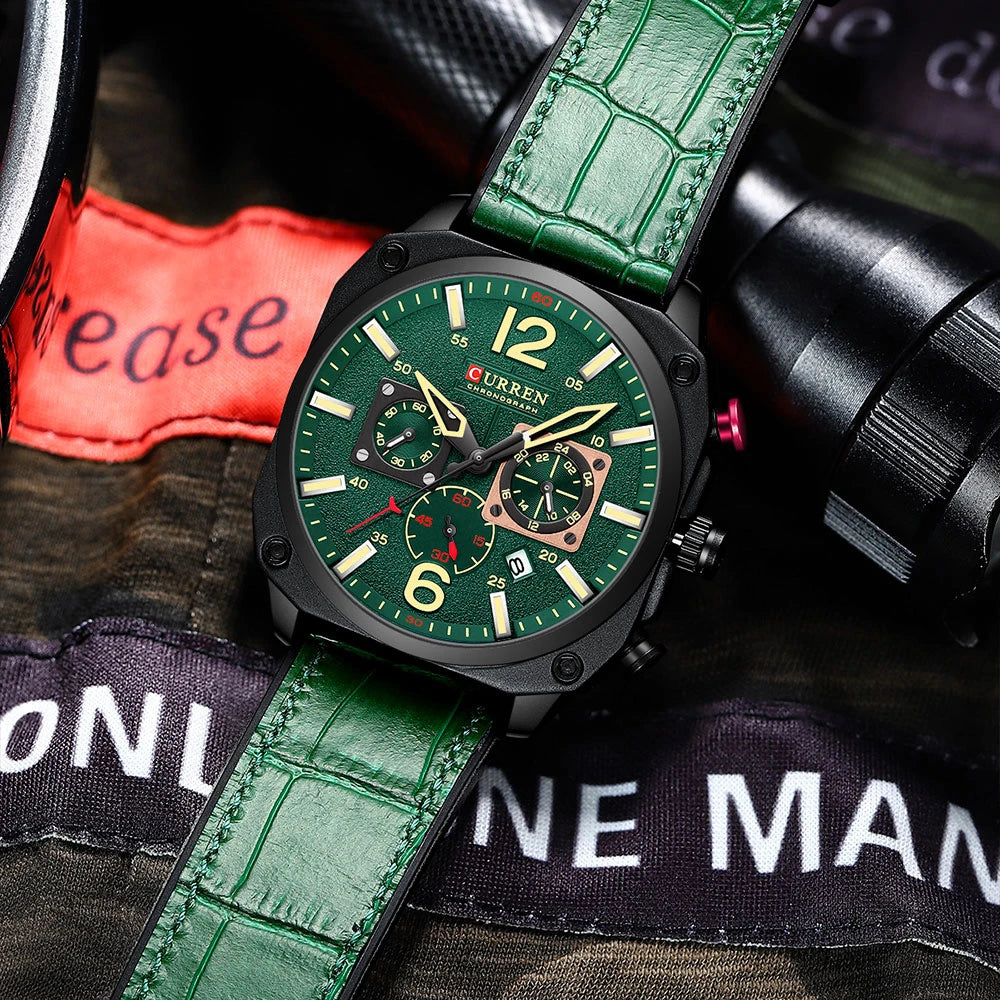 Men's Military Sports Watch - Leather Strap Chronograph Quartz