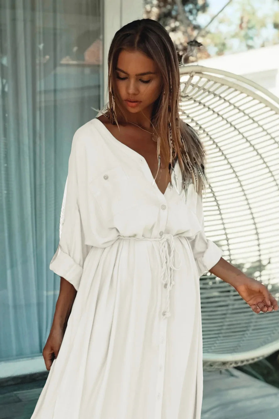 Bikini Cover-Ups Elegant Hollow Out Deep V-neck Summer Beach Dress Cotton Tunic Women's Beachwear Swimsuit Cover Up