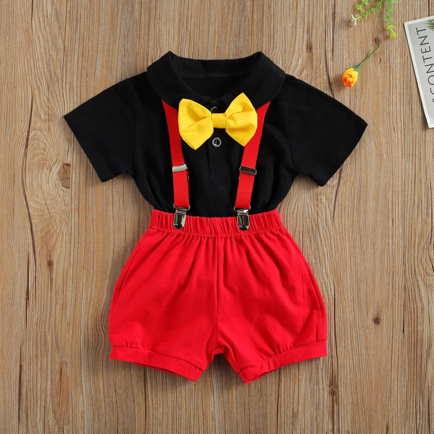 Newborn Baby Boys Gentleman Set - Short Sleeve Bow Tie , Romper Babygrow with Suspenders Shorts