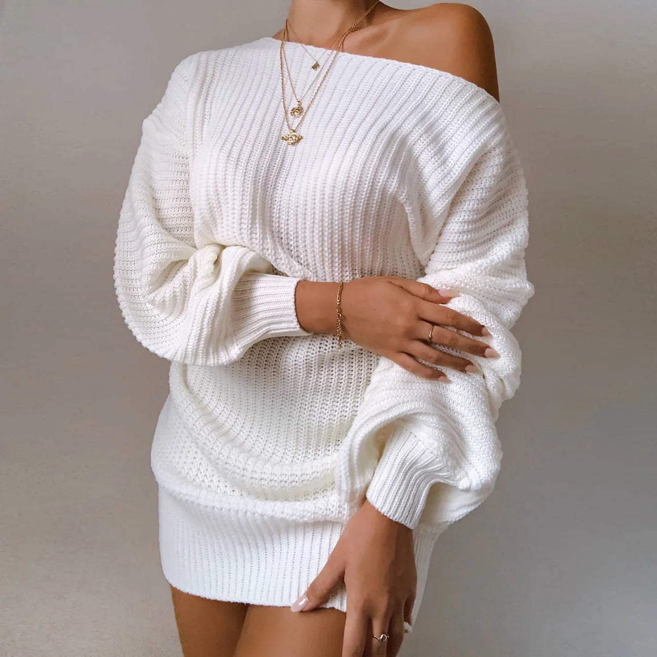 Women's Knitted Mini Sweater Dress - Long Sleeve Knitwear Dress