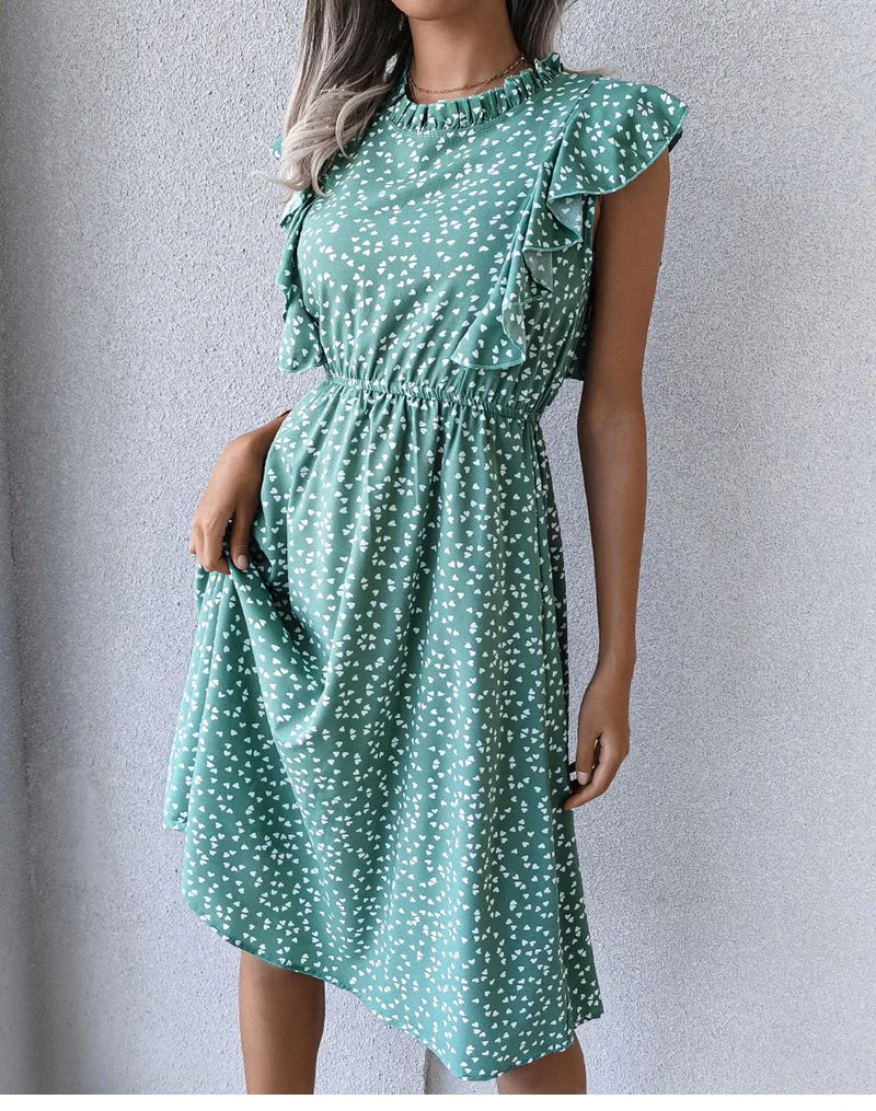 Women's Vintage Butterfly Sleeve Ruffles Heart Dot Print Medium Long Chiffon Spring Summer Dress