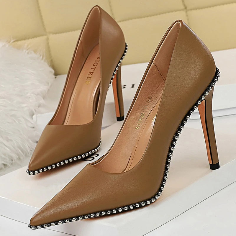 Women's Rivets String Bead PU Leather High Heels Shoes